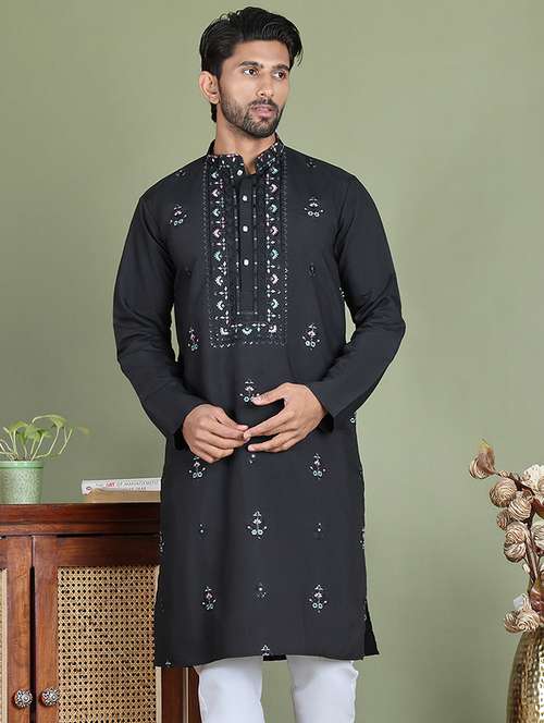 men embroidered mandarin neck long kurta - 21687730 -  Standard Image - 0