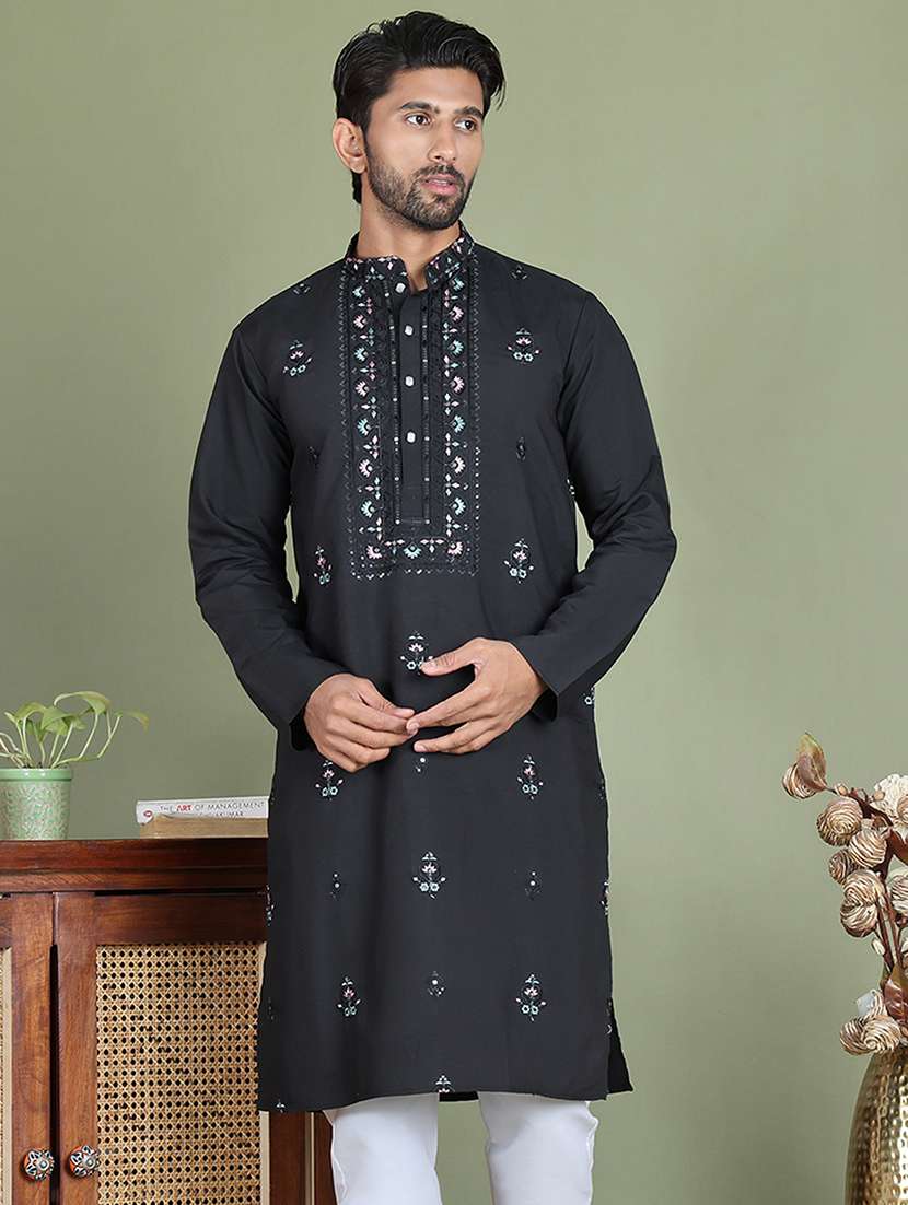 men embroidered mandarin neck long kurta - 21687730 -  Zoom Image - 0