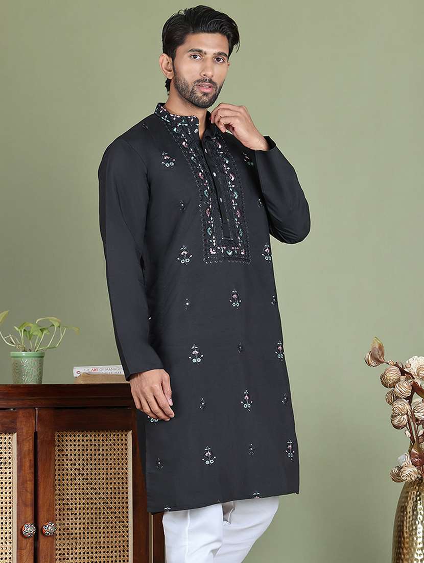 men embroidered mandarin neck long kurta - 21687730 - Standard Image - 1
