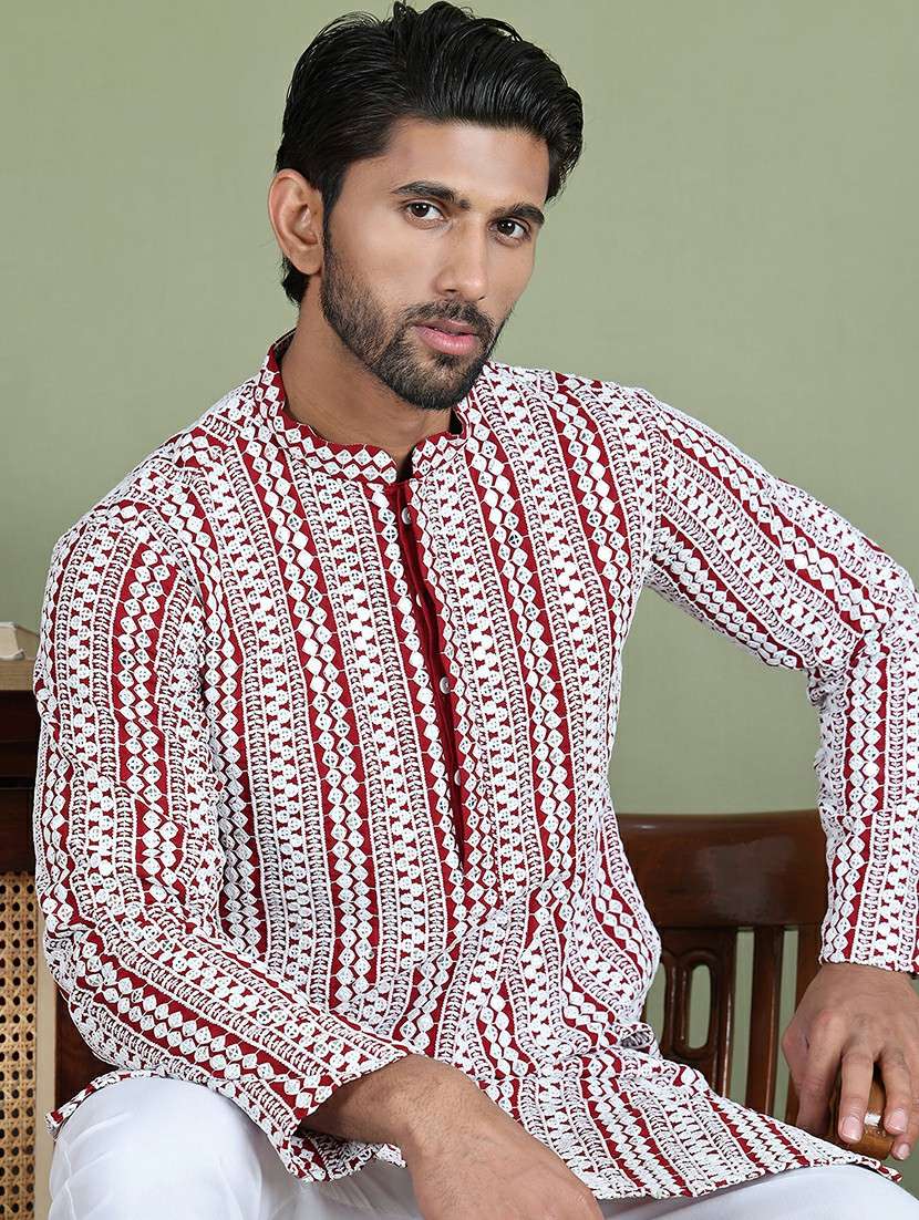 men embroidered mandarin neck long kurta - 21687737 -  Standard Image - 4