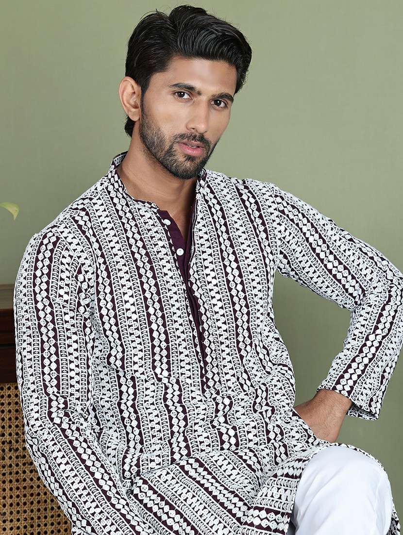 men embroidered mandarin neck long kurta - 21687740 - Standard Image - 4