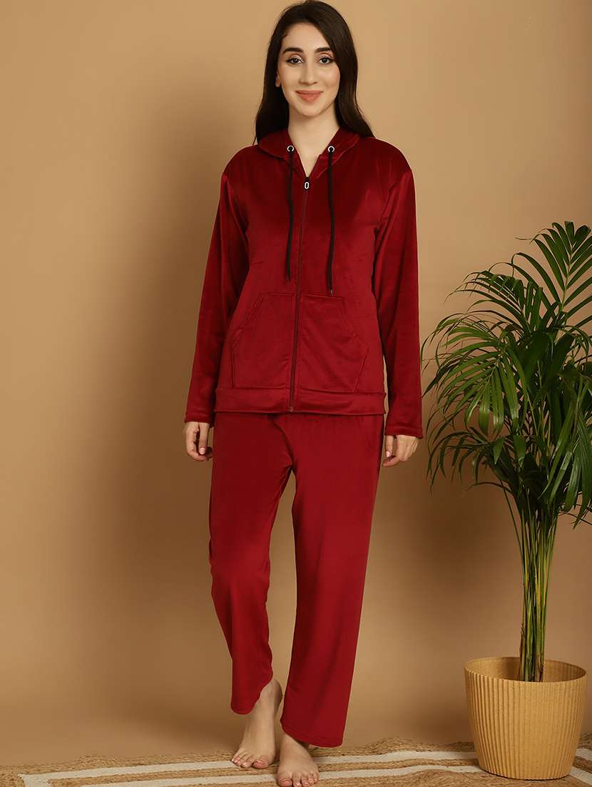 women solid velvet nightwear set - 21687843 - Standard Image - 1