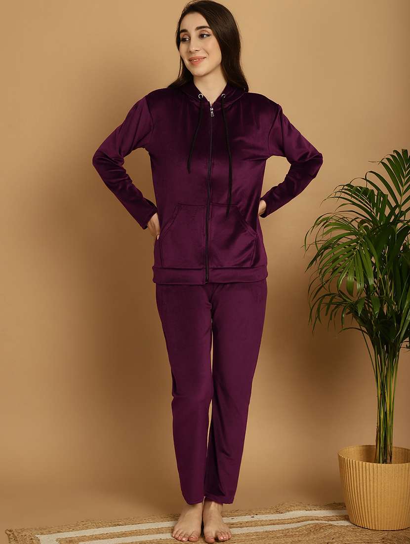 women solid velvet nightwear set - 21687845 -  Standard Image - 1