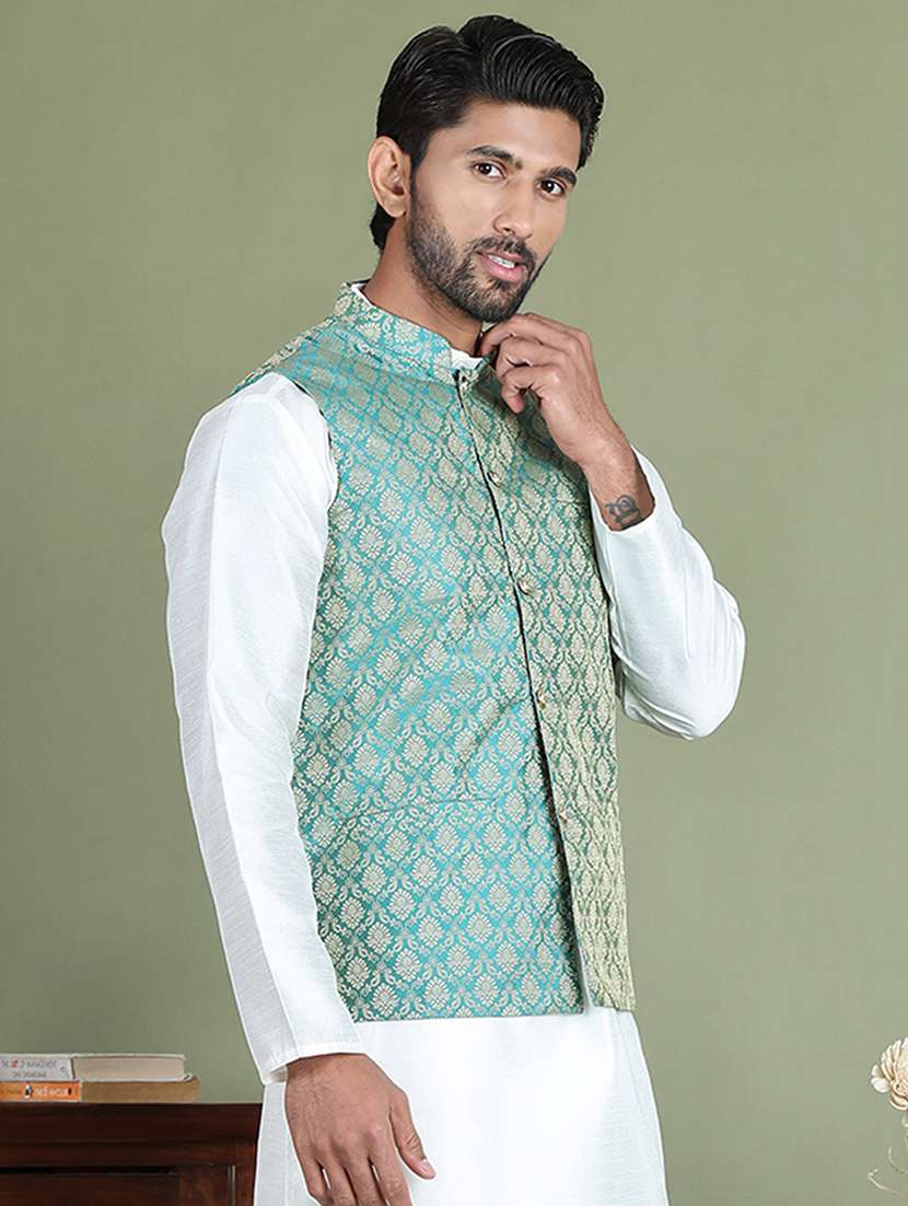 green silk blend nehru jacket - 21687879 -  Standard Image - 1
