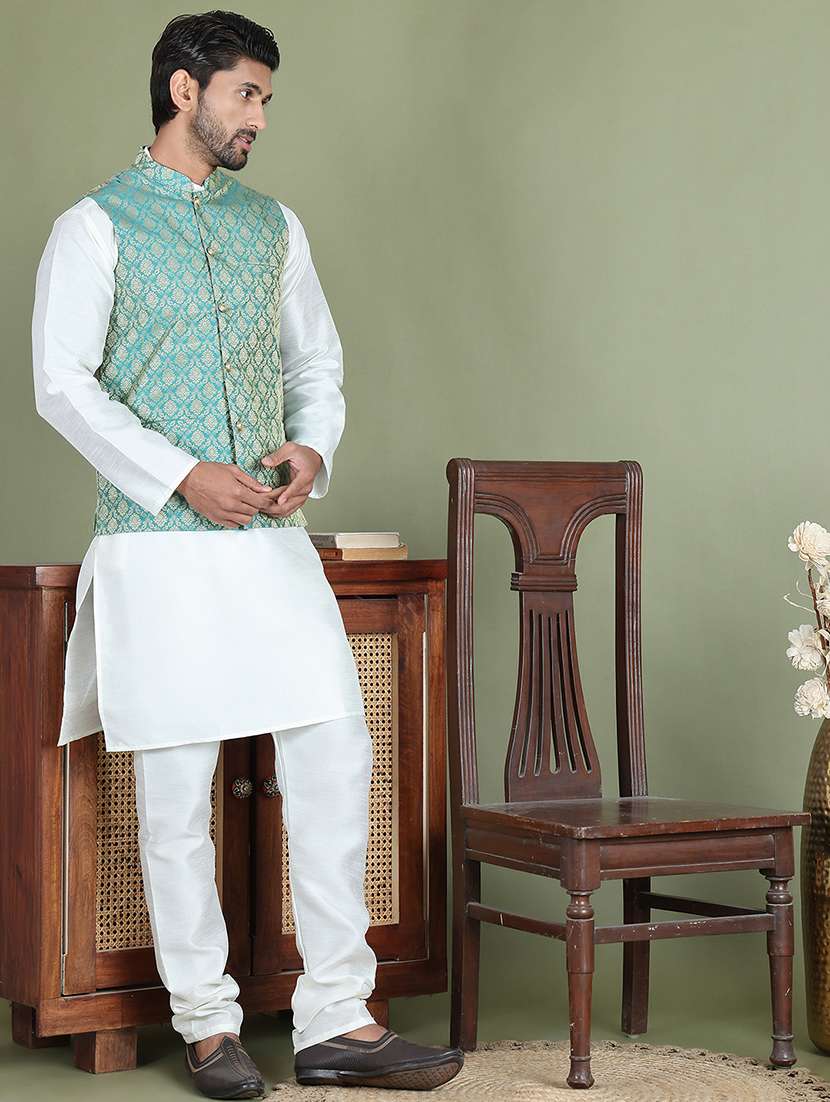 green silk blend nehru jacket - 21687879 -  Standard Image - 4