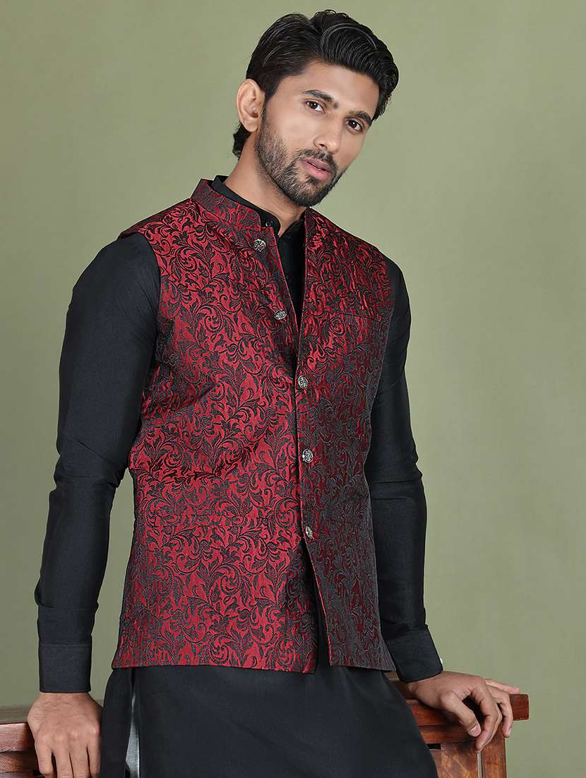 maroon silk blend nehru jacket - 21687892 -  Standard Image - 1