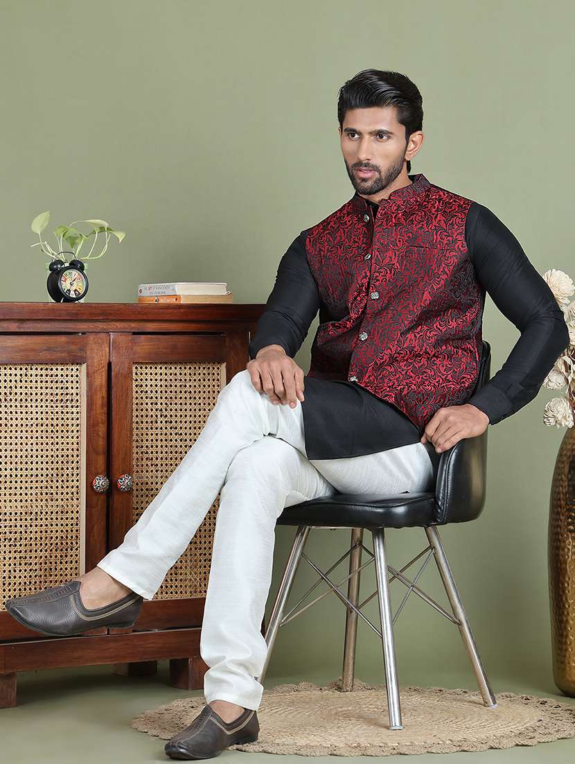 maroon silk blend nehru jacket - 21687892 -  Standard Image - 4