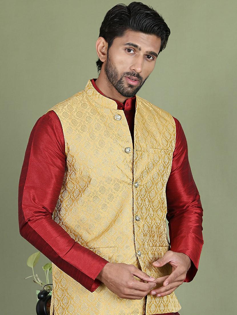 gold silk blend nehru jacket - 21687893 -  Standard Image - 1