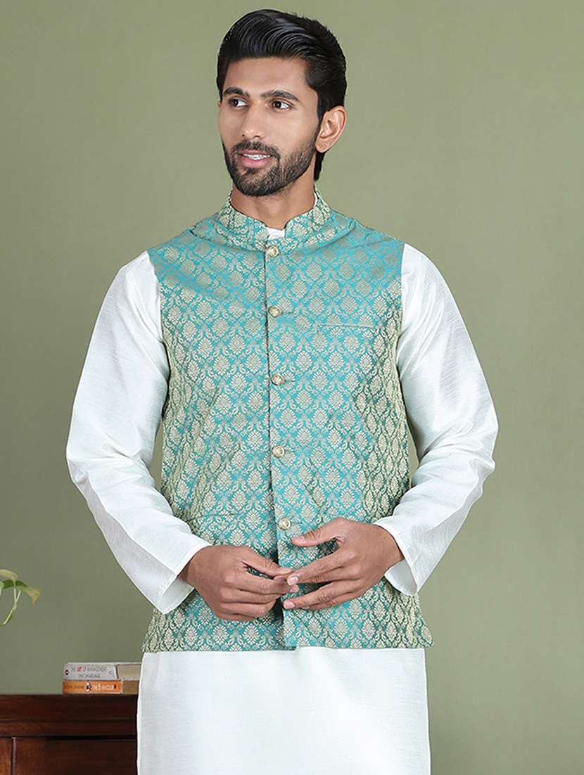 green silk blend nehru jacket