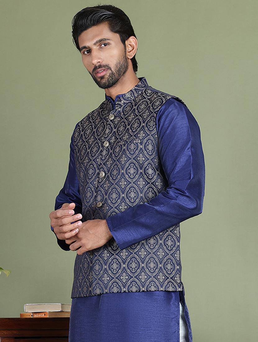 brown silk blend nehru jacket - 21687895 - Standard Image - 1
