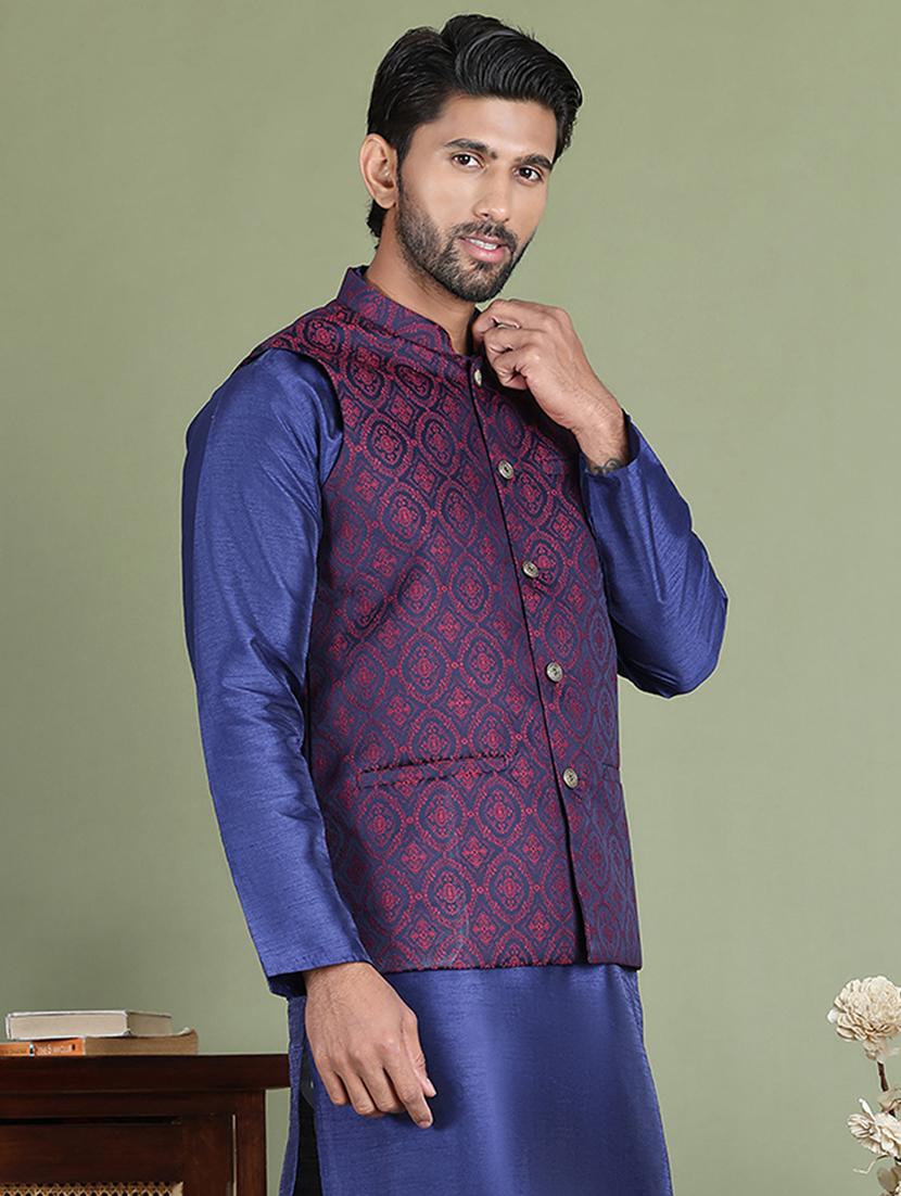 maroon silk blend nehru jacket - 21687896 - Standard Image - 1