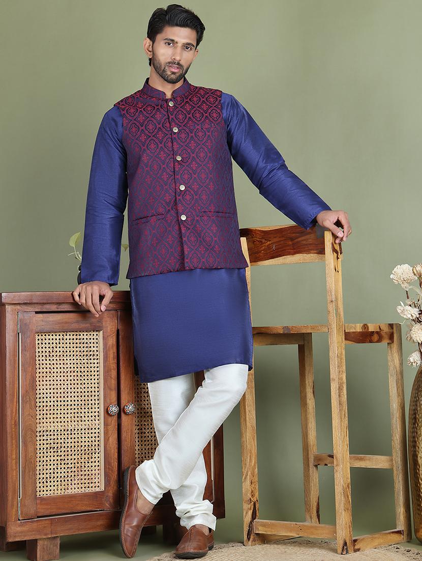 maroon silk blend nehru jacket - 21687896 - Standard Image - 4