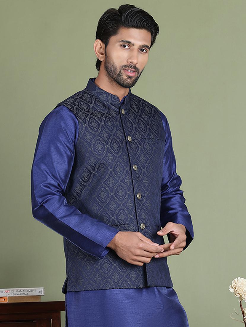 silver silk blend nehru jacket - 21687897 - Standard Image - 1