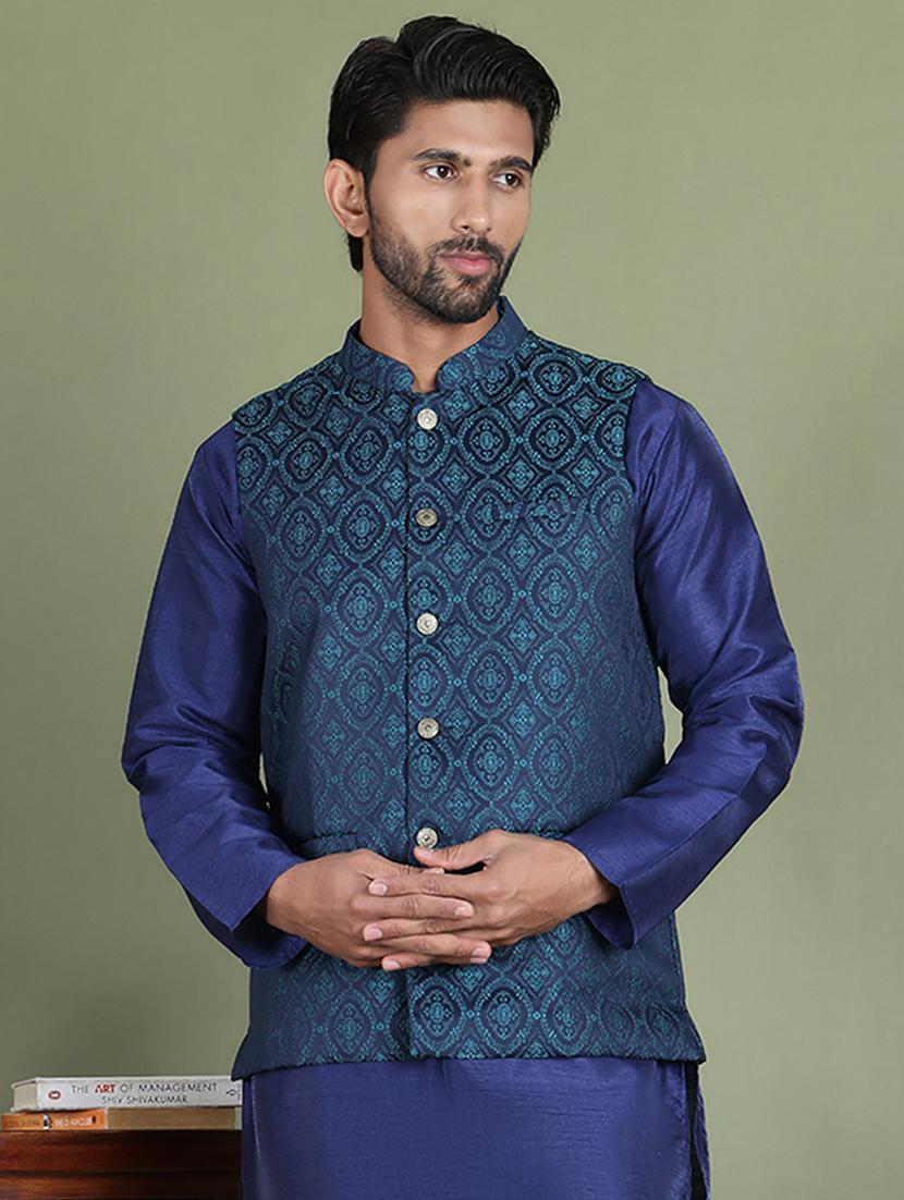 teal silk blend nehru jacket - 21687898 -  Zoom Image - 0