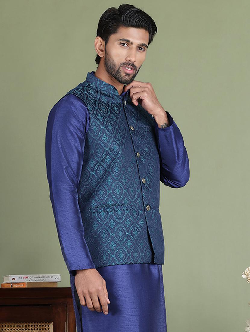 teal silk blend nehru jacket - 21687898 -  Standard Image - 1