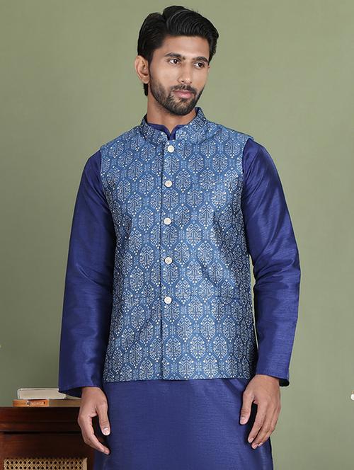 blue silk blend nehru jacket - 21687899 - Standard Image - 0