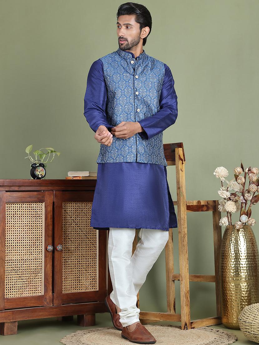 blue silk blend nehru jacket - 21687899 - Standard Image - 4