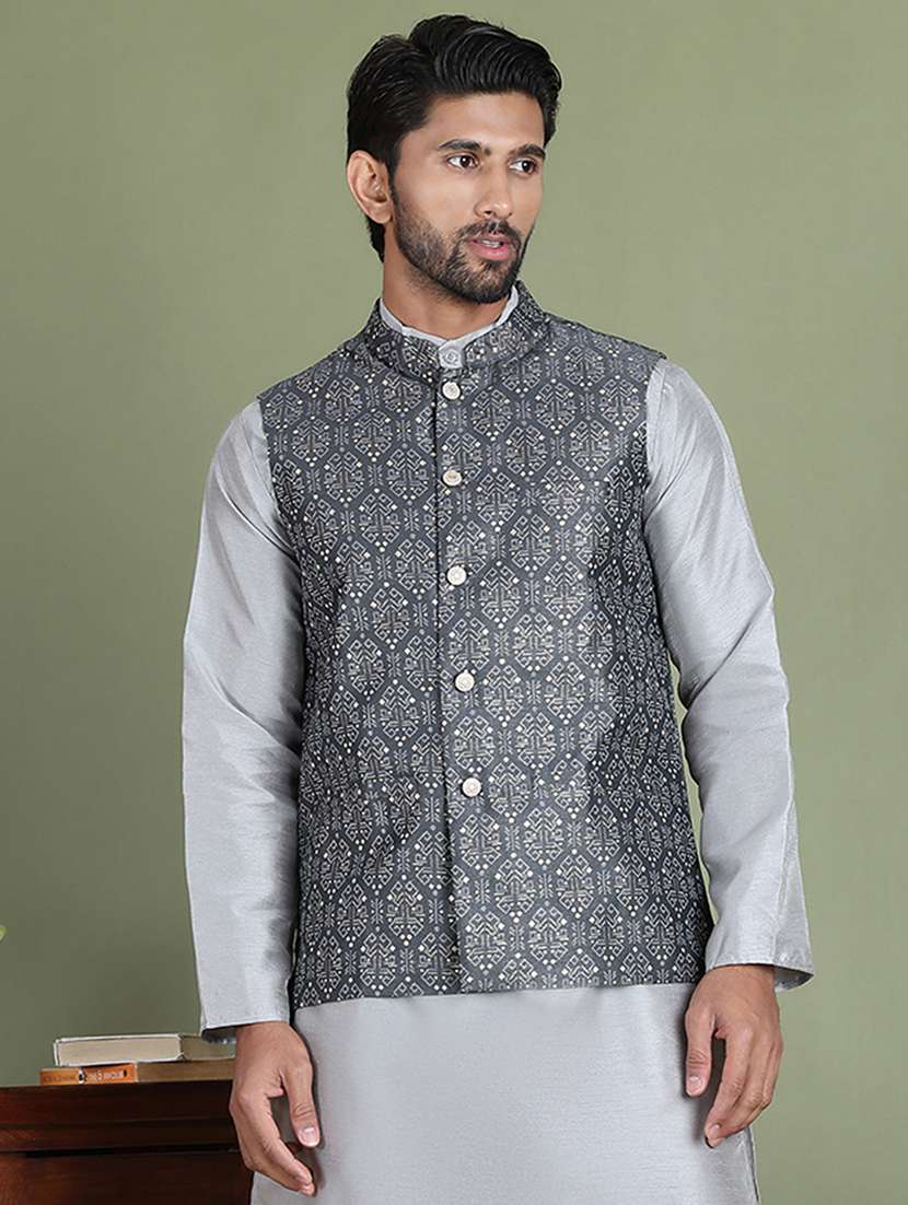 charcoal silk blend nehru jacket