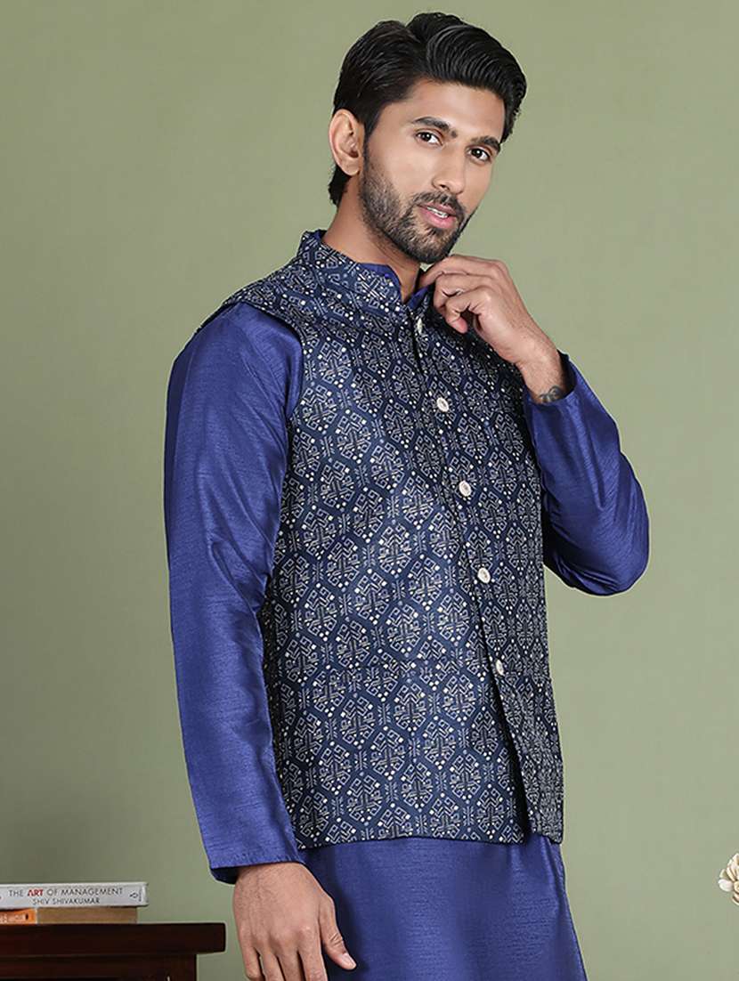navy blue silk blend nehru jacket - 21687901 -  Standard Image - 1