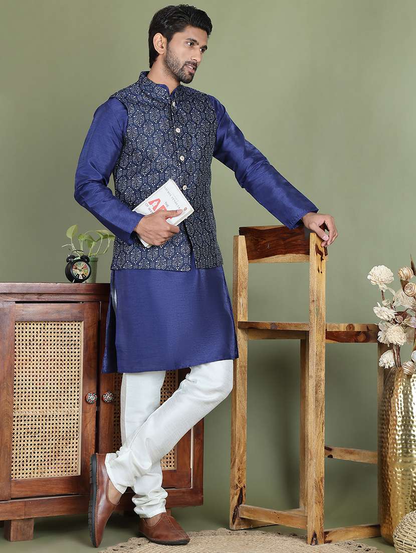 navy blue silk blend nehru jacket - 21687901 -  Standard Image - 4