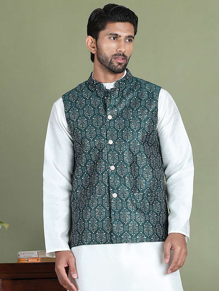 olive silk blend nehru jacket - 21687902 - Zoom Image - 0