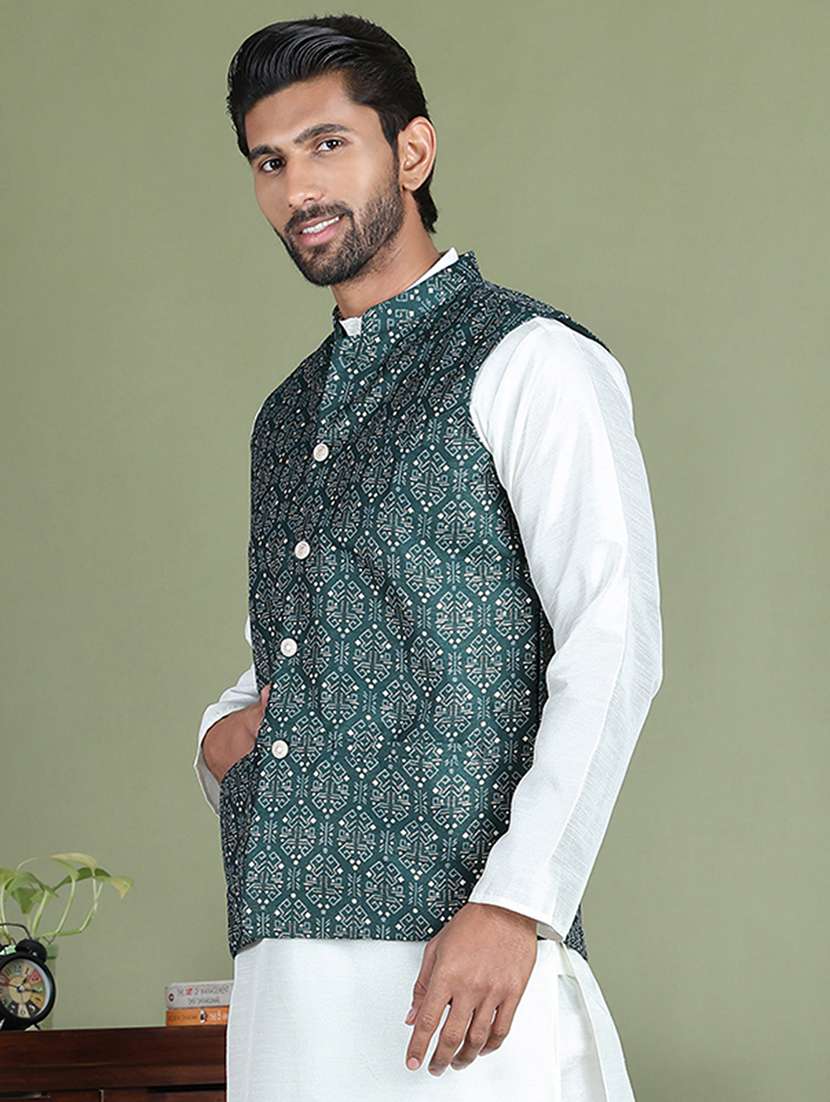 olive silk blend nehru jacket - 21687902 - Standard Image - 1