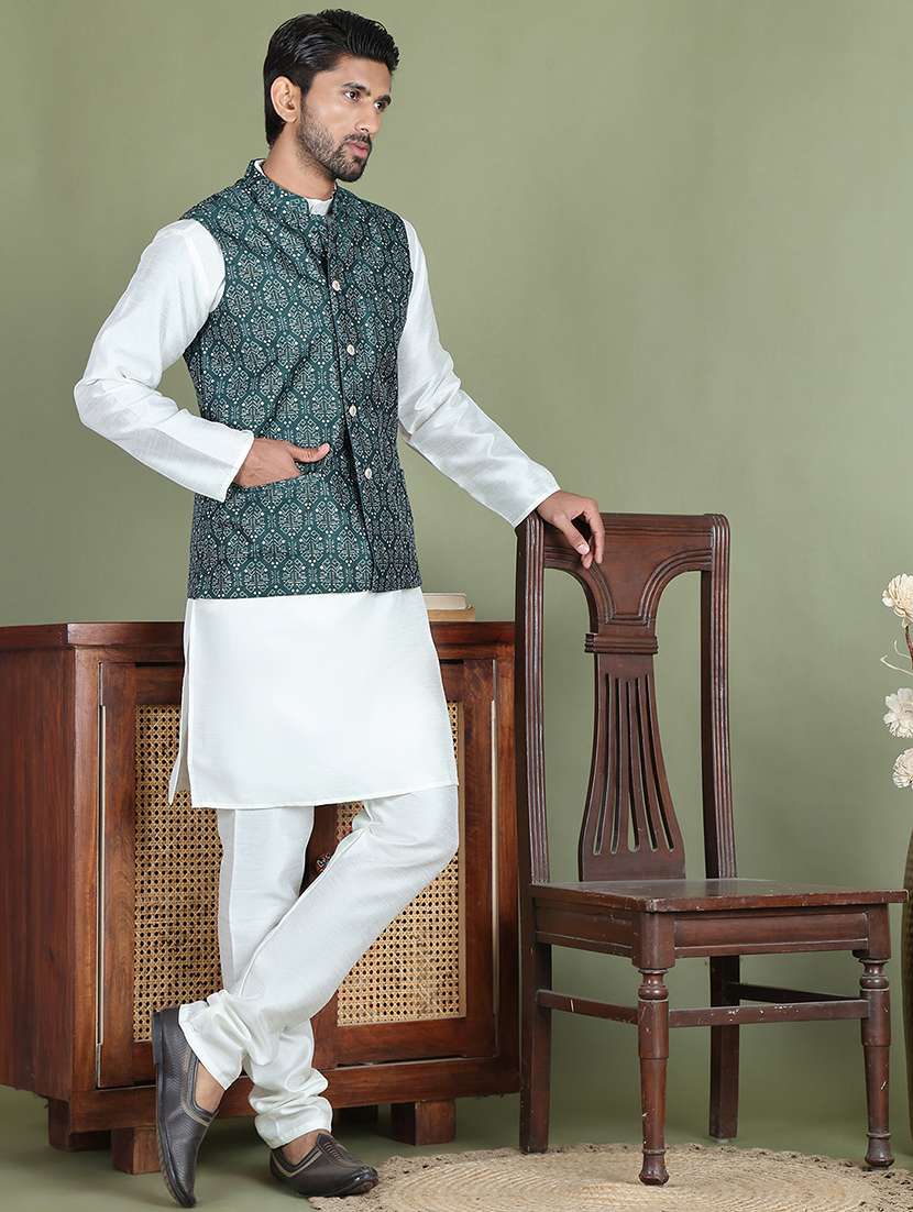 olive silk blend nehru jacket - 21687902 - Standard Image - 4