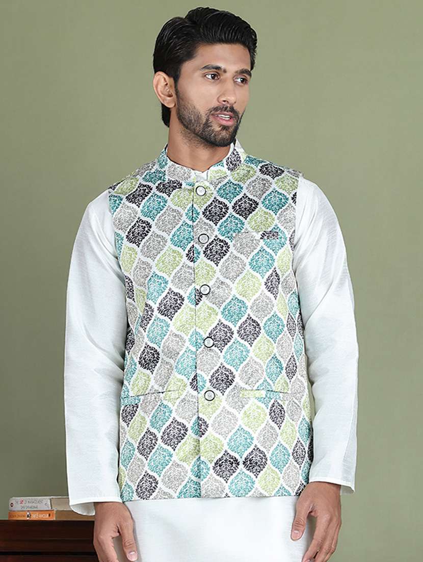green silk blend nehru jacket
