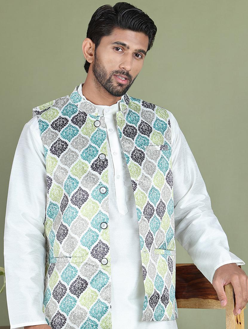 green silk blend nehru jacket - 21687903 - Standard Image - 1