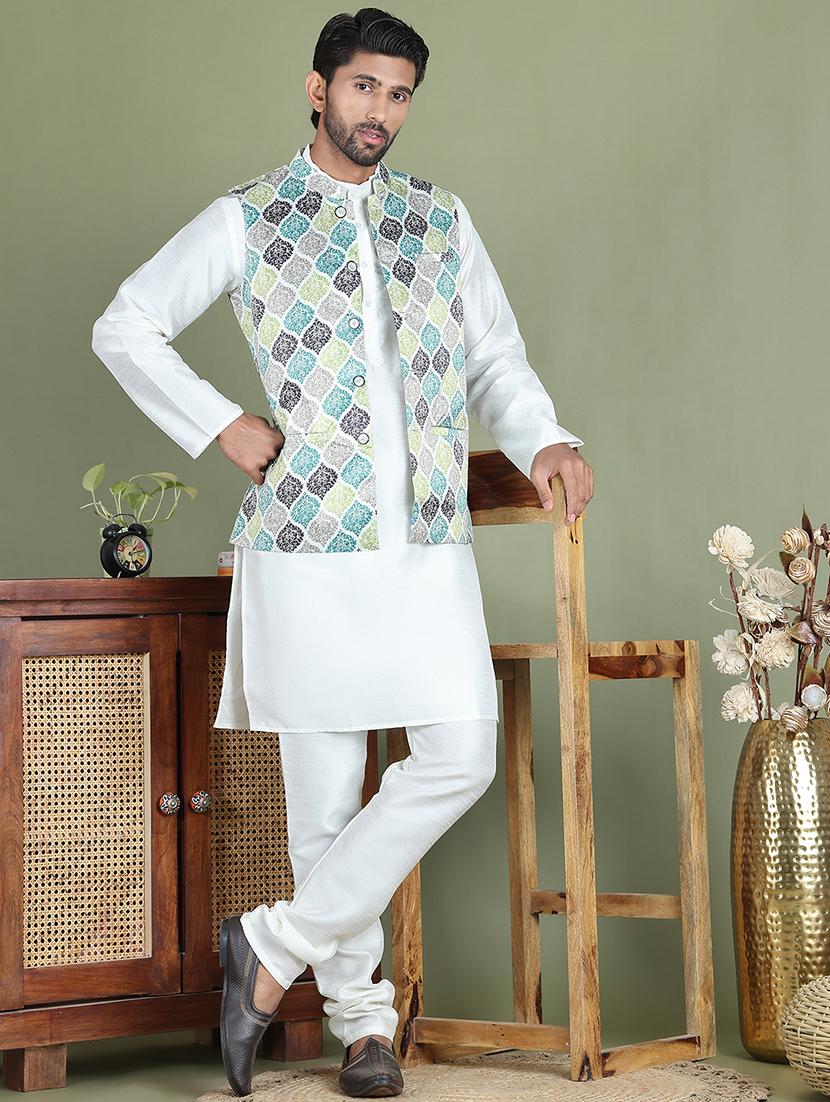 green silk blend nehru jacket - 21687903 - Standard Image - 4