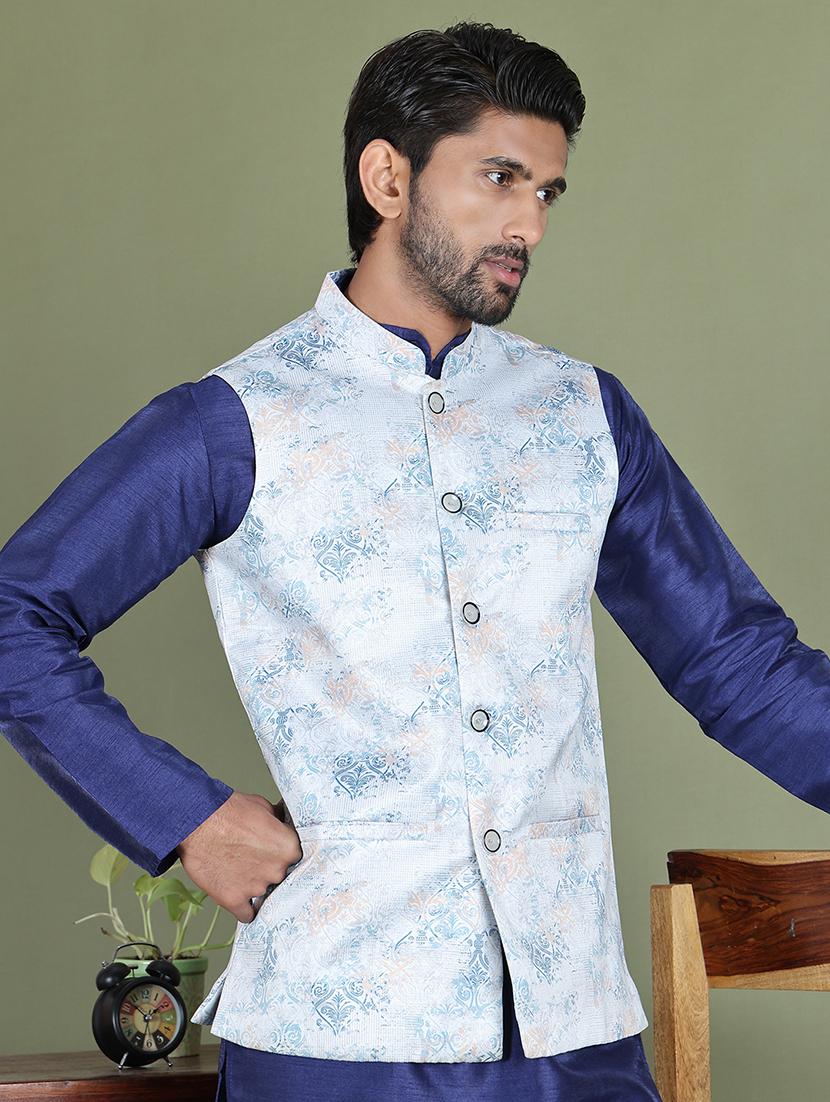 silver silk blend nehru jacket - 21687904 -  Standard Image - 1