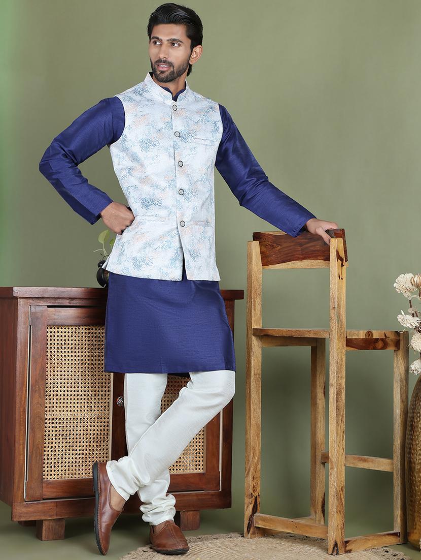 silver silk blend nehru jacket - 21687904 - Standard Image - 4