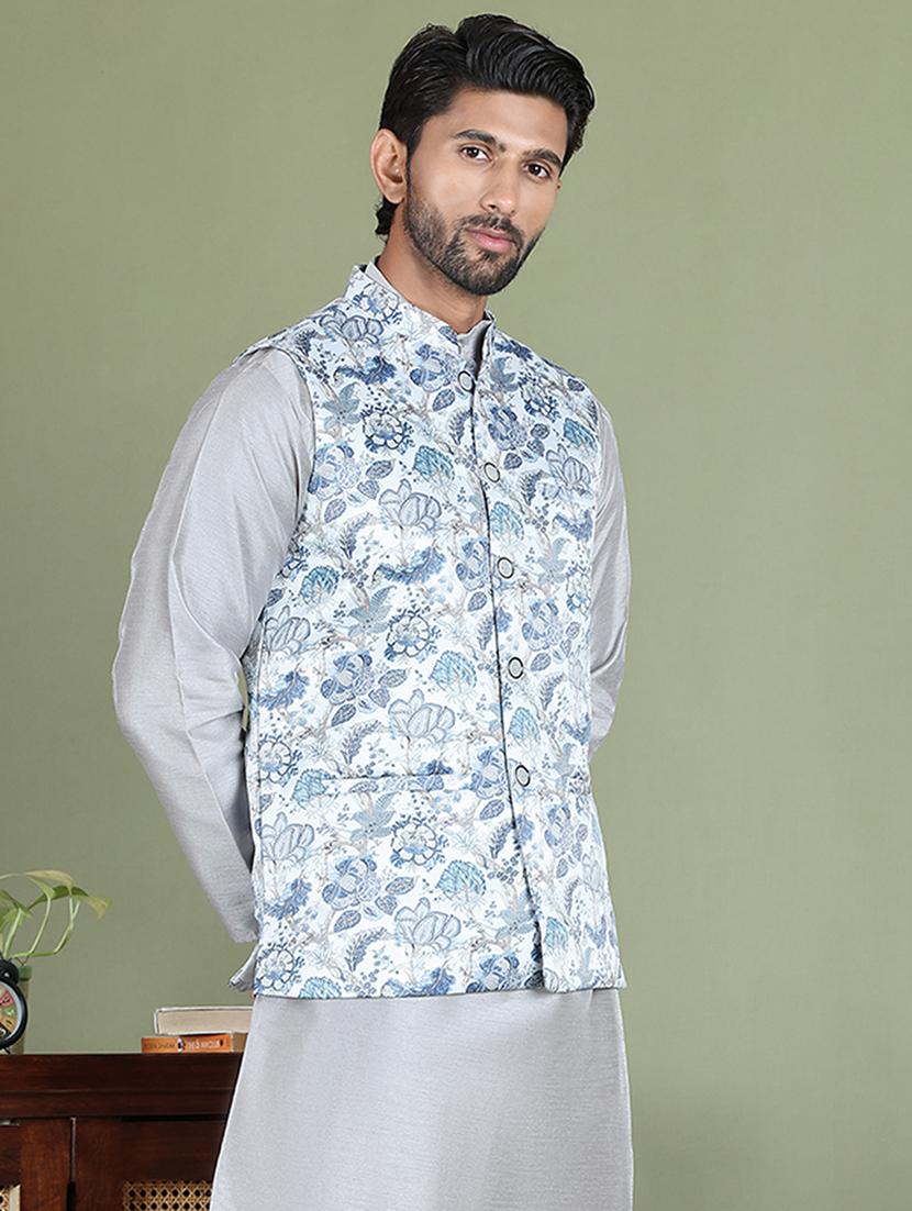 white silk blend nehru jacket - 21687905 - Standard Image - 1