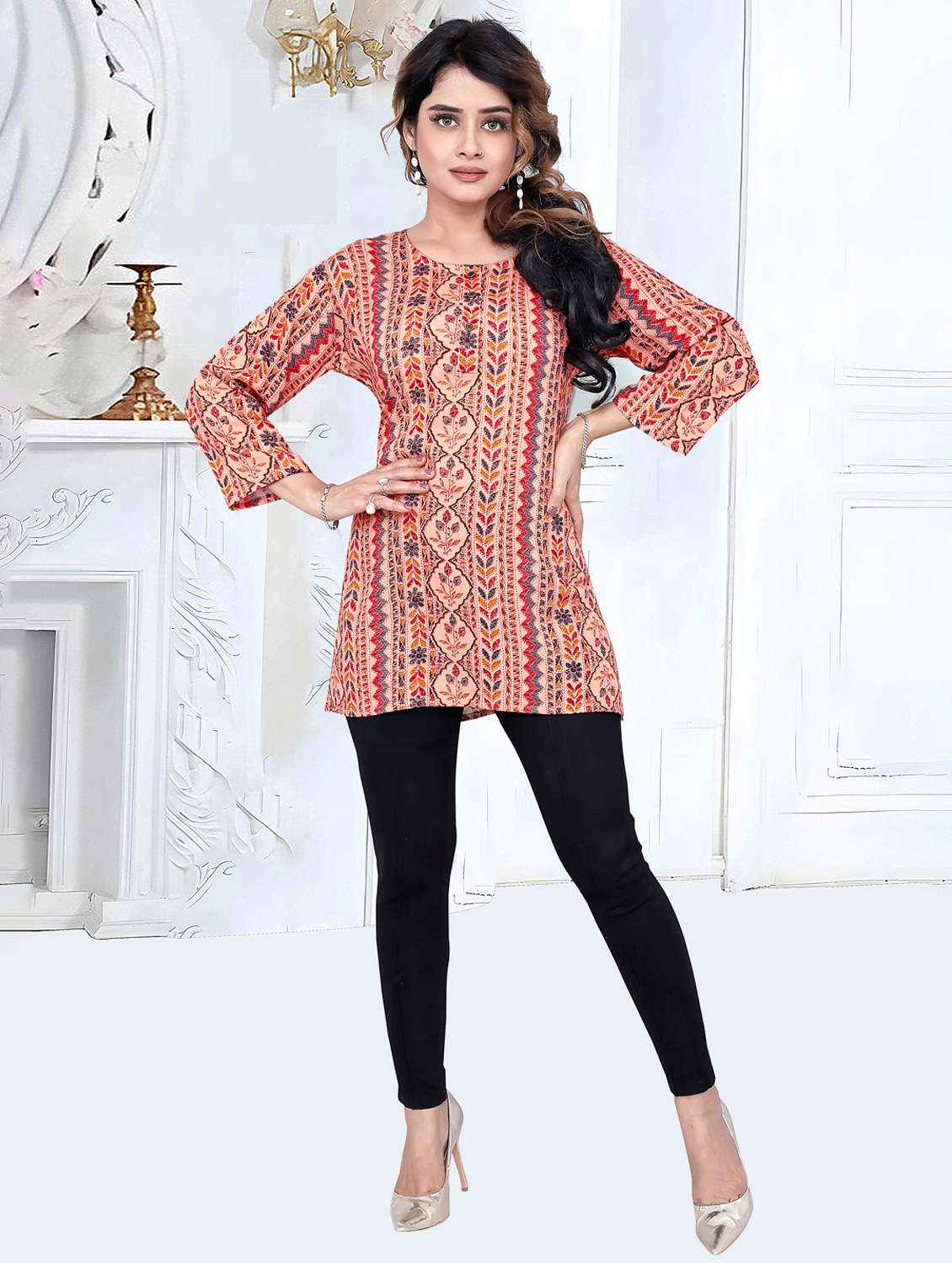 women three quarter sleeve straight kurti - 21687932 -  Standard Image - 1