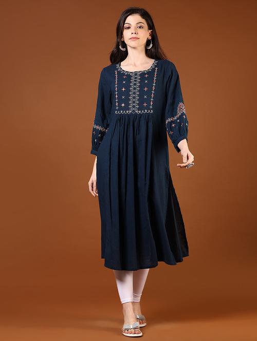 women navy blue three quarter sleeve a-line kurta - 21688084 - Standard Image - 0