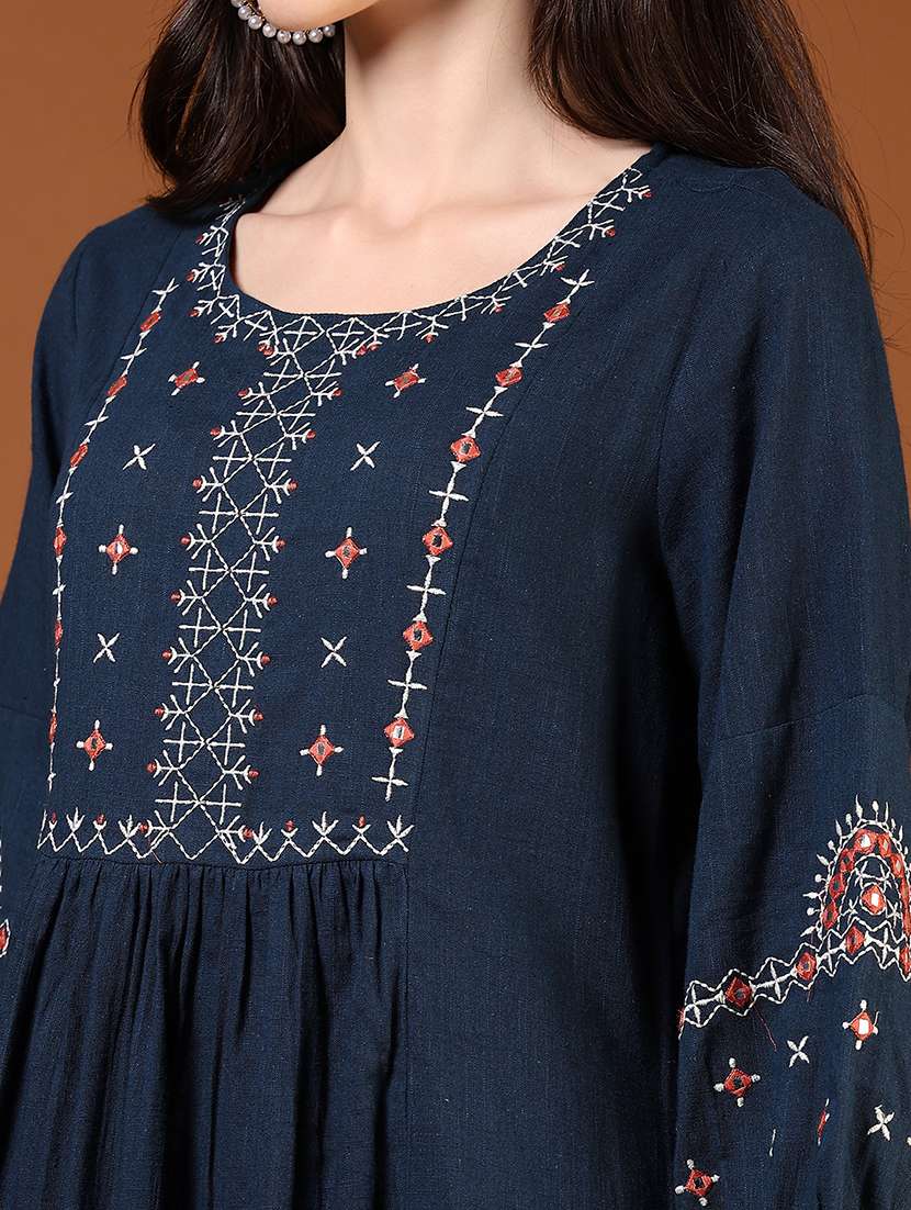 Women Navy Blue Three Quarter Sleeve A Line Kurta