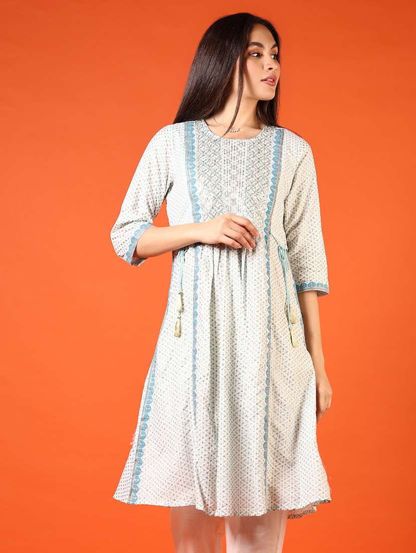 women printed three quarter sleeve a-line kurta