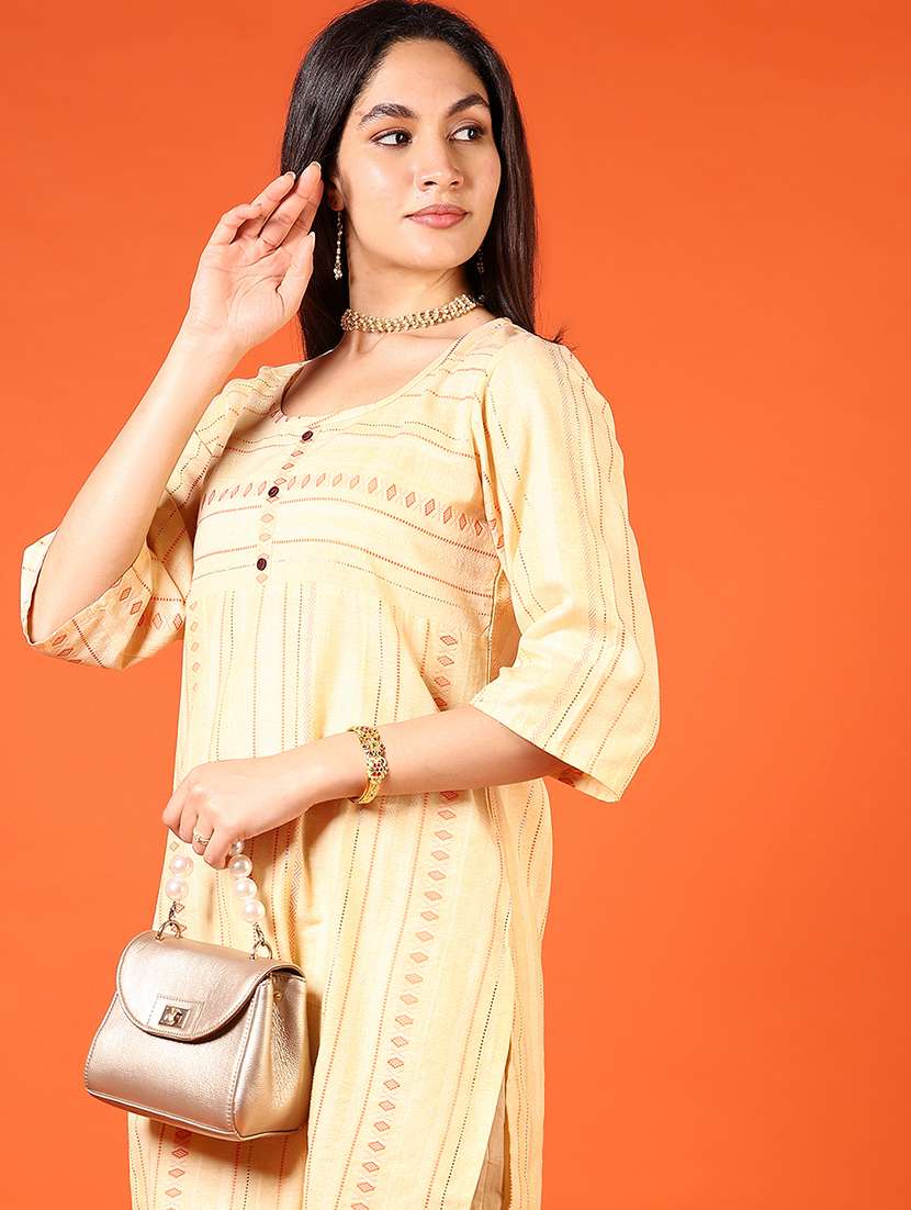 women yellow self design round neck straight kurta - 21688147 -  Standard Image - 4