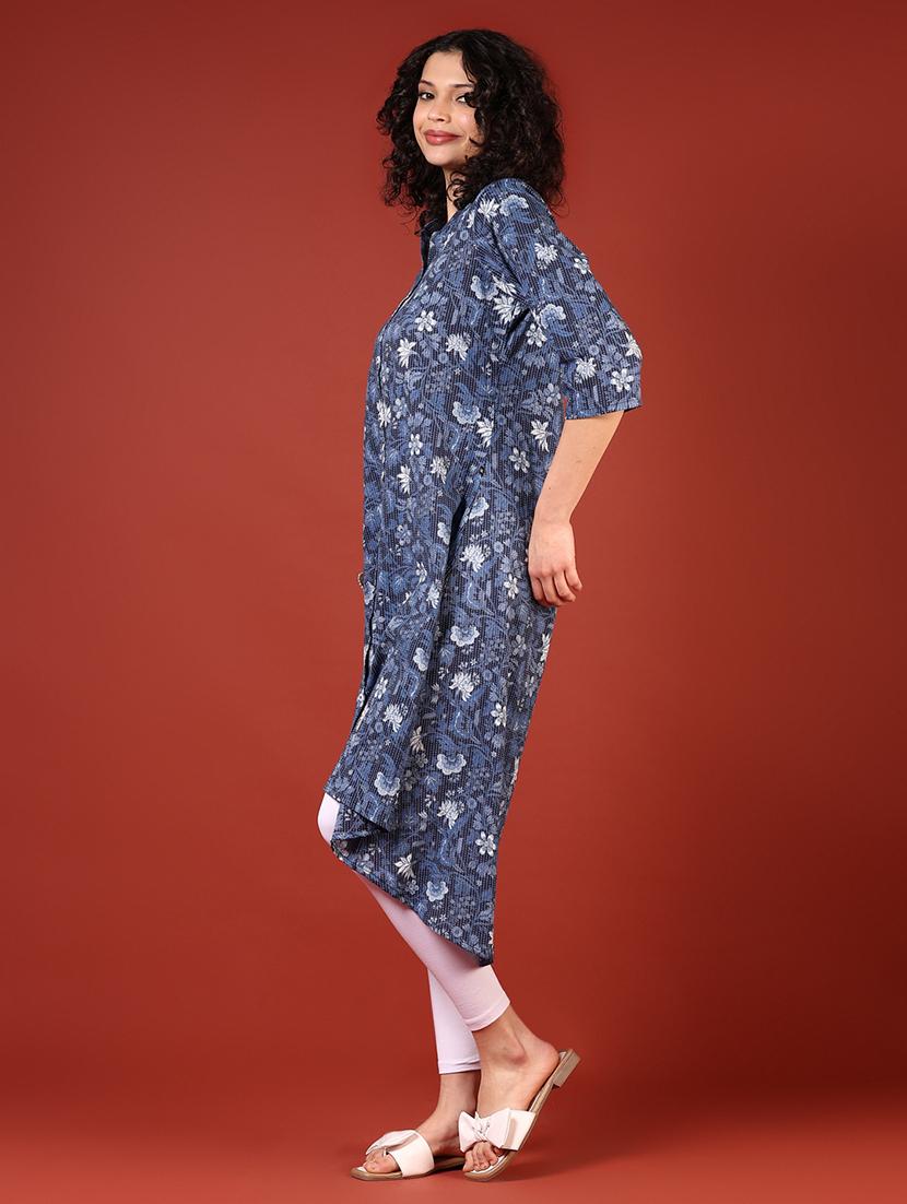 women printed mandarin neck high low kurta - 21688151 -  Standard Image - 1