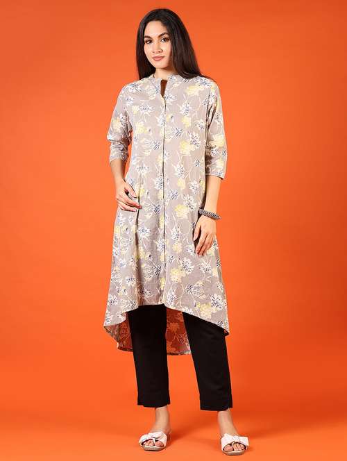 women grey floral printed mandarin neck a-line kurta - 21688152 -  Standard Image - 0