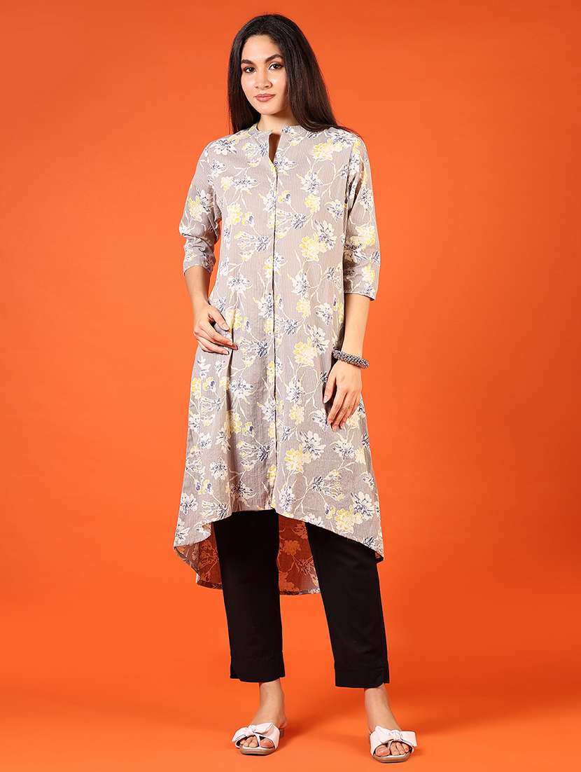 women grey floral printed mandarin neck a-line kurta