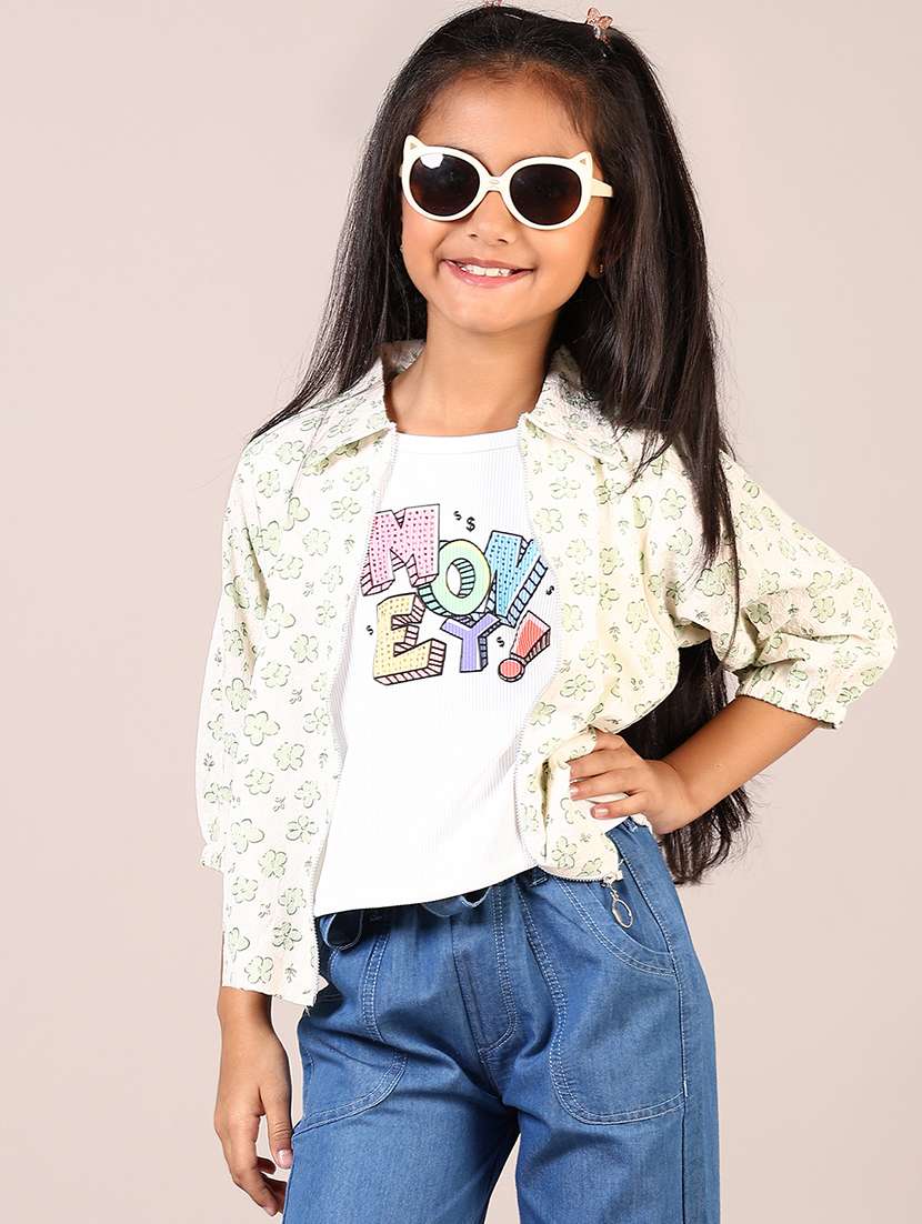 girls off white printed three quarter sleeve top - 21688154 -  Standard Image - 1