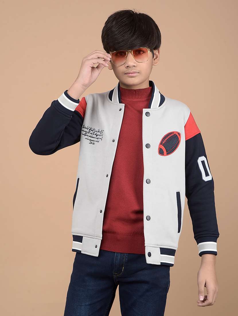boys grey color block long sleeve varsity jacket