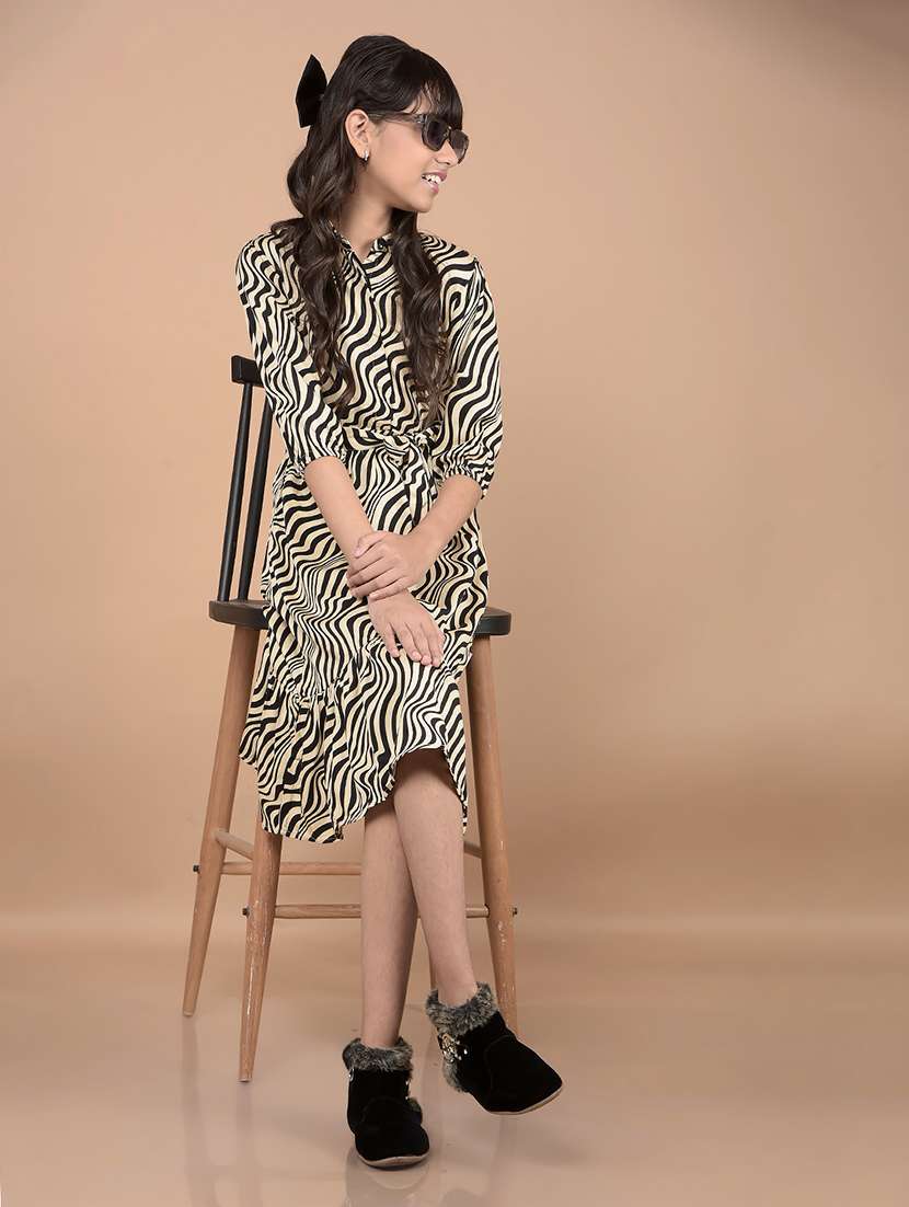 girls beige printed elbow sleeve tiered dress - 21688357 -  Standard Image - 4