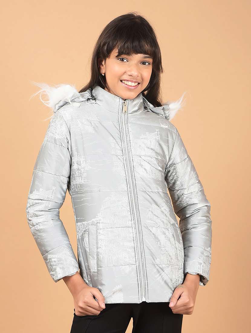 girls grey printed long quilted jacket 