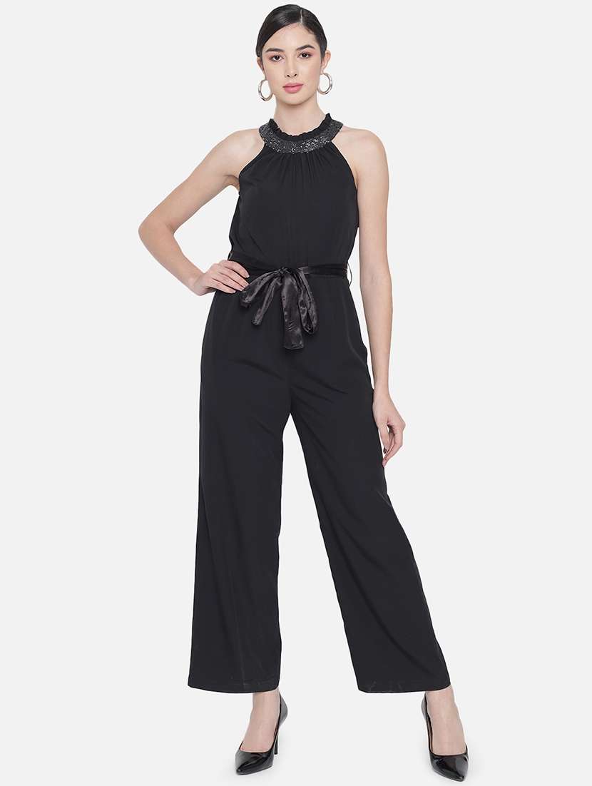 women solid halter neck full length jumpsuit
