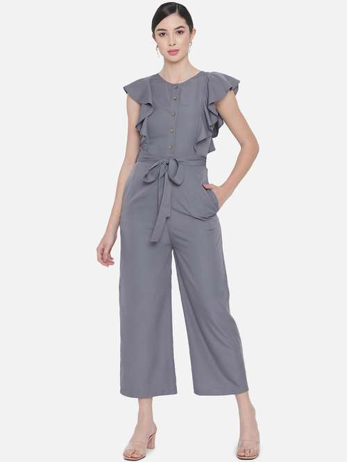 women solid ruffled detailed full length jumpsuit - 21688394 - Standard Image - 0