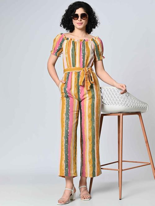 women striped puff sleeves full length jumpsuit - 21688400 - Standard Image - 0