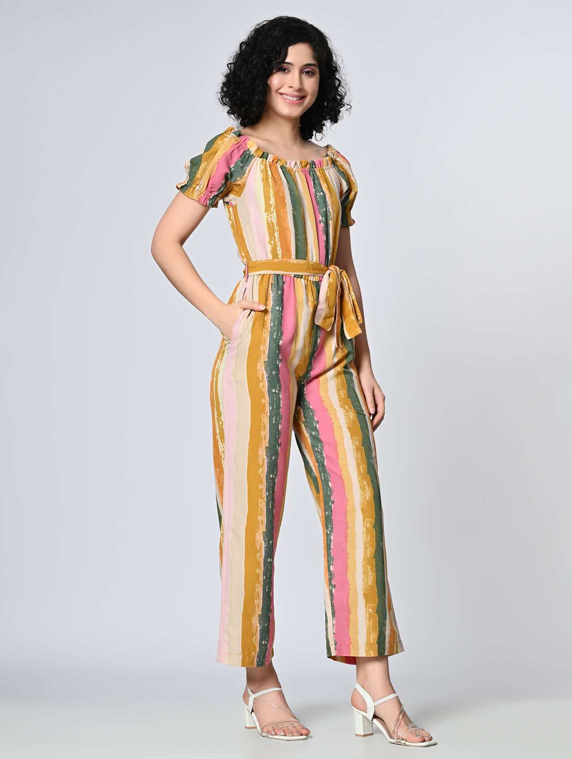 Women Striped Puff Sleeves Full Length Jumpsuit
