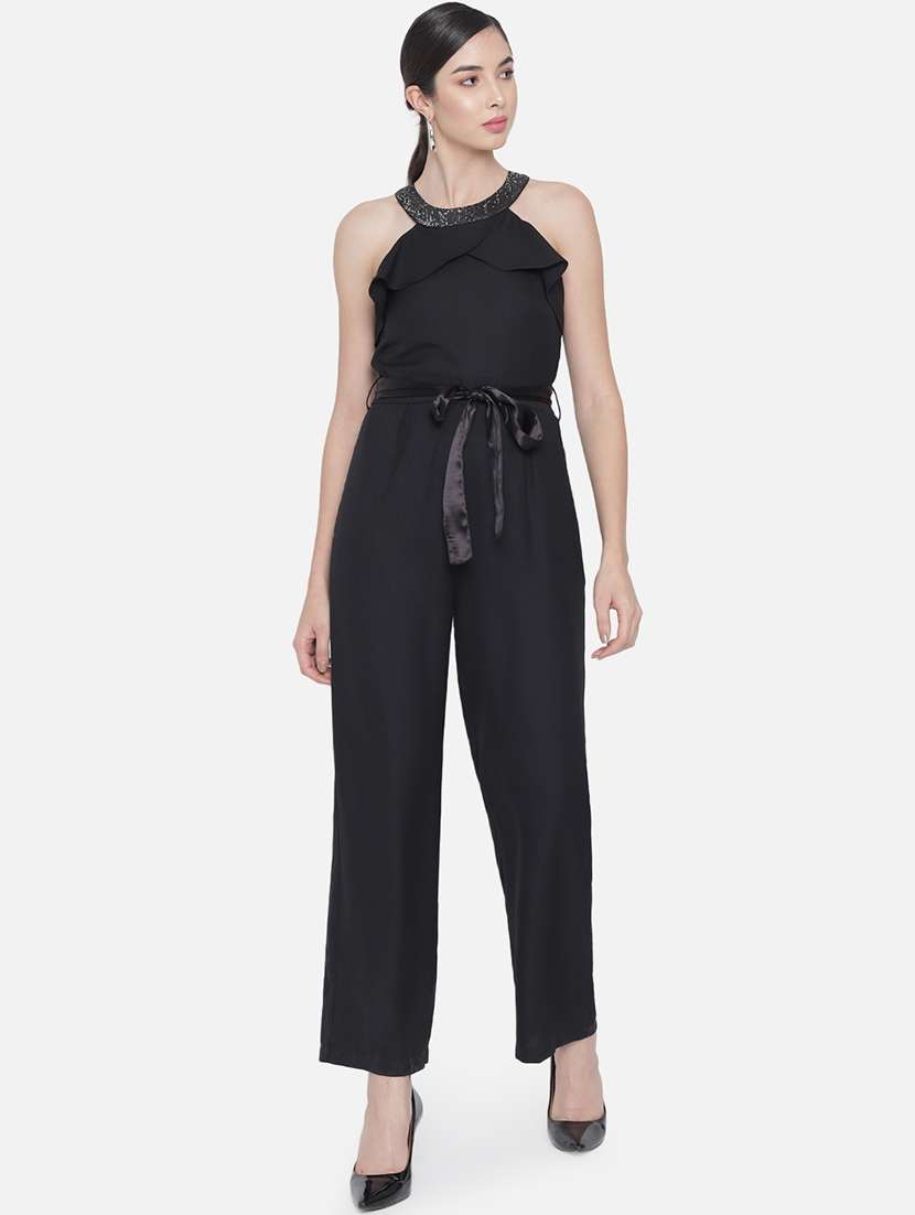 women solid halter neck full length jumpsuit